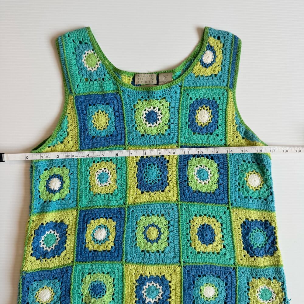 Sigrid Olsen Crochet Tank Top L Granny Square Boho Linen Cotton Cropped Petite - Picture 6 of 12